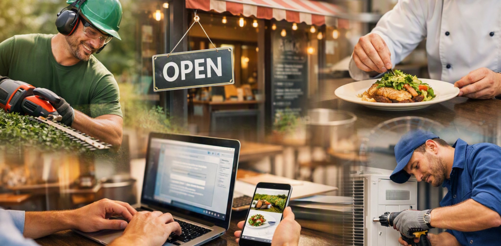 Local business owners at work: a landscaper, a restaurant with an Open sign, a chef plating food, and an HVAC technician, with a website shown on a laptop and phone